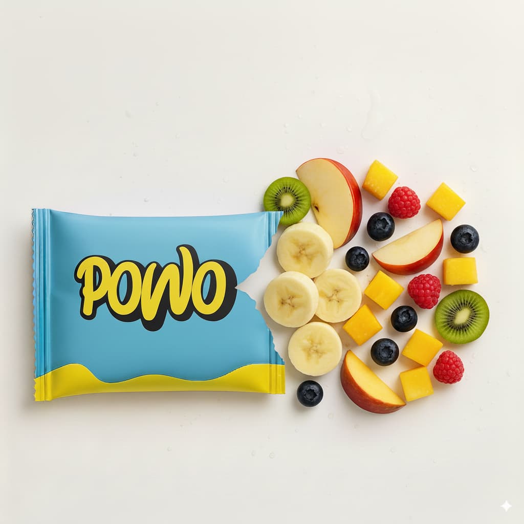 Sachet POWO avec fruits frais (pomme, banane, kiwi, ananas, fruits rouges) — 100 % fruit avant lyophilisation, sans sucres ajoutés